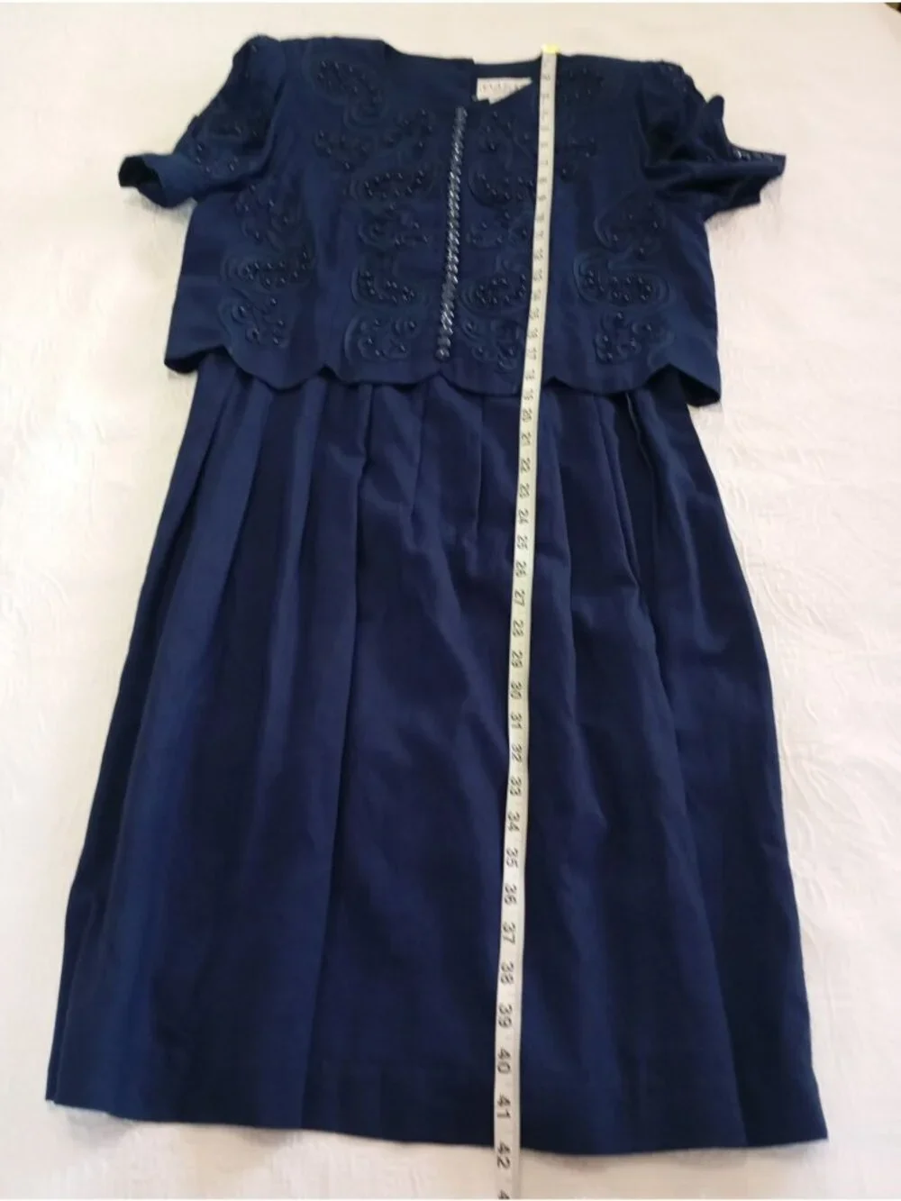 Vintage Plaza South Petites Navy Blue Embellished Dress Button Details Size 12